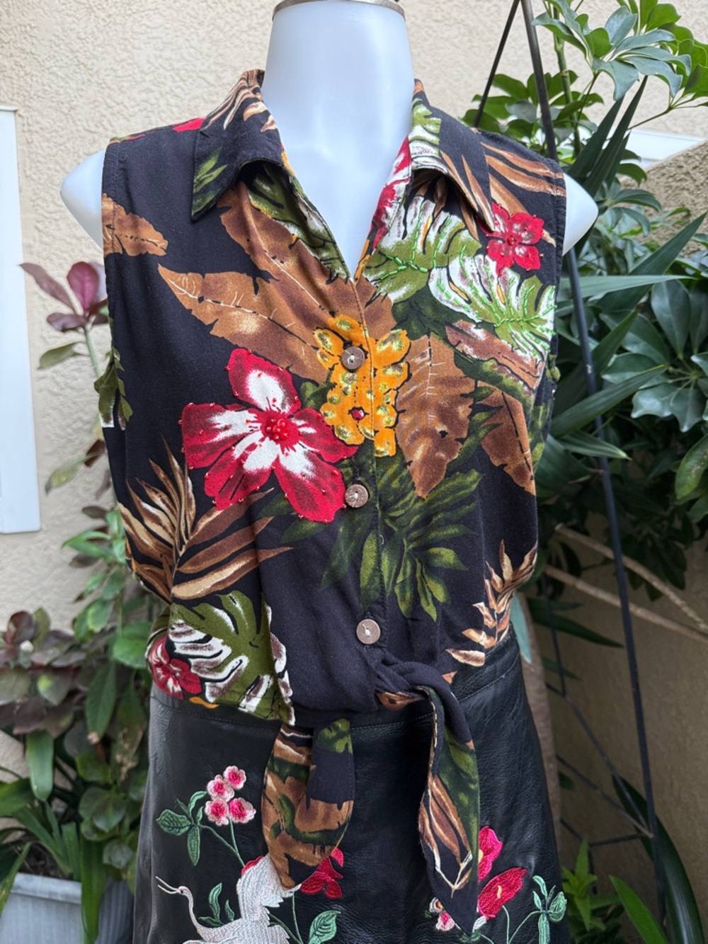 Vintage SOA bright multicolored sleeveless button down rayon shirt